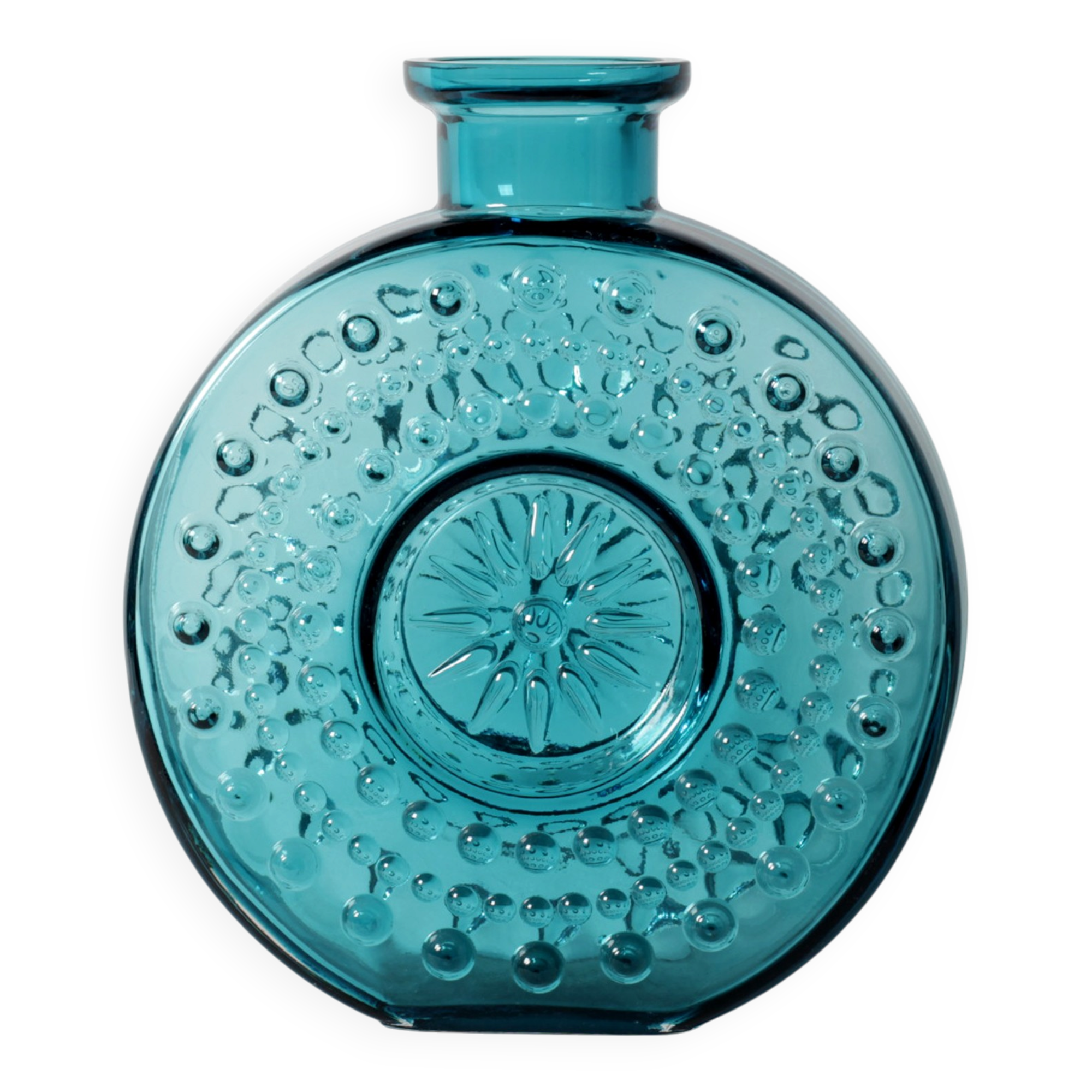 Teal Sunburst Blue Bubble Glass Vase / Erich Jachmann for WMF / 1960s