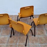 Set of 4 vintage Grosfillex school chairs, 60s-70s, orange plastic and tubular base