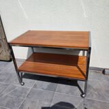 Table / Serving trolley on wheels in chrome and walnut veneered wood