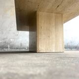 Light beige travertine Italian minimalist coffee table, solid natural stone 1980s