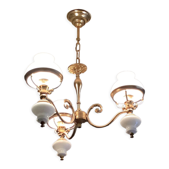 Vintage brass chandelier 3 branches + 3 opalines