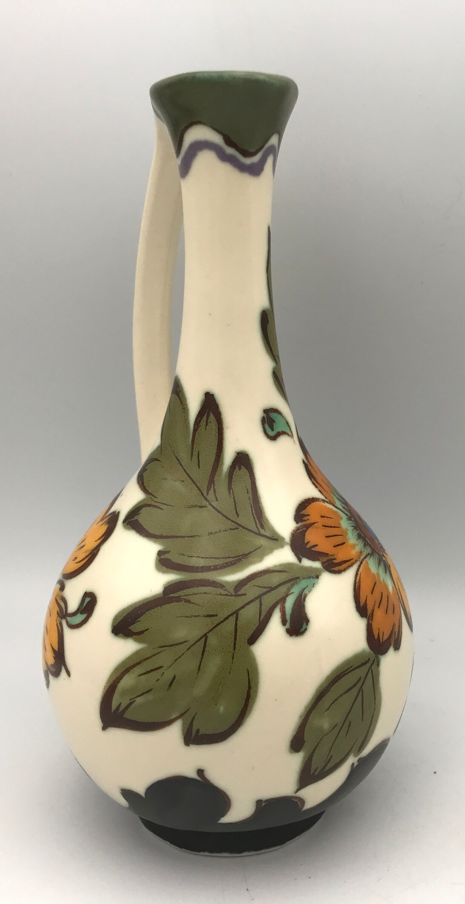 Old porcelain vase royal gouda holland decoration hand signed, 18 cm