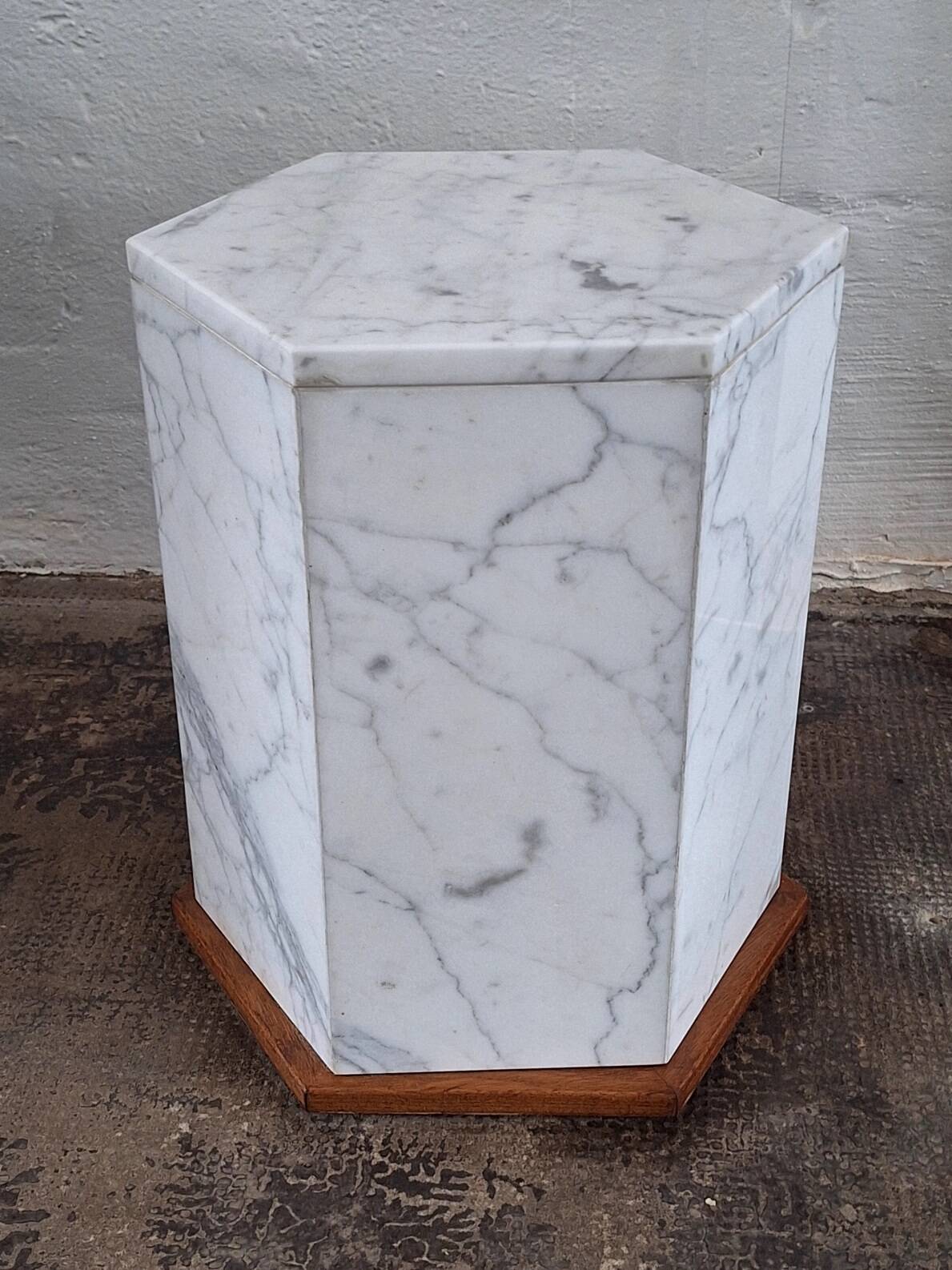 Italian hexagonal Carrara marble monolith side table / pedestal