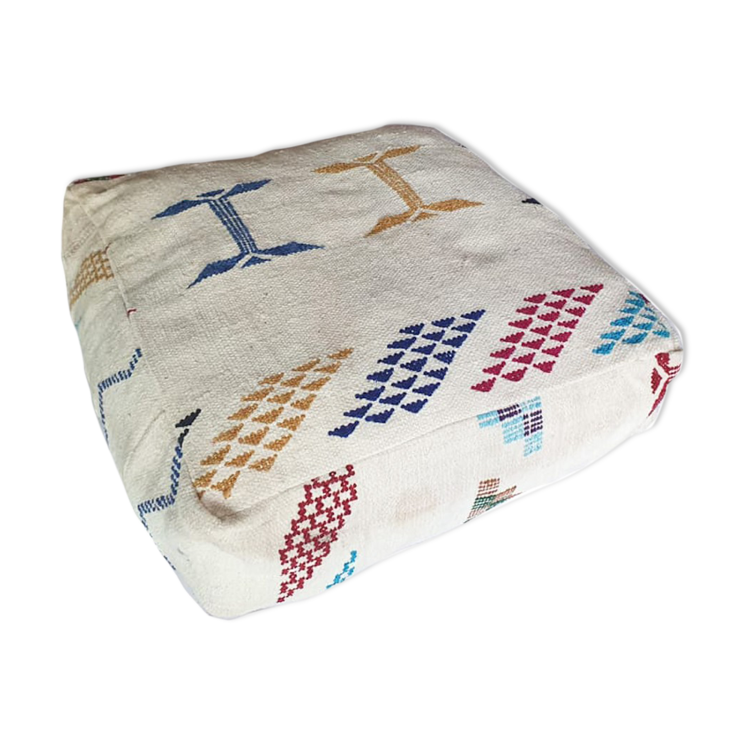 Moroccan kilim Pouf - White 60 x 60 x 20 cm