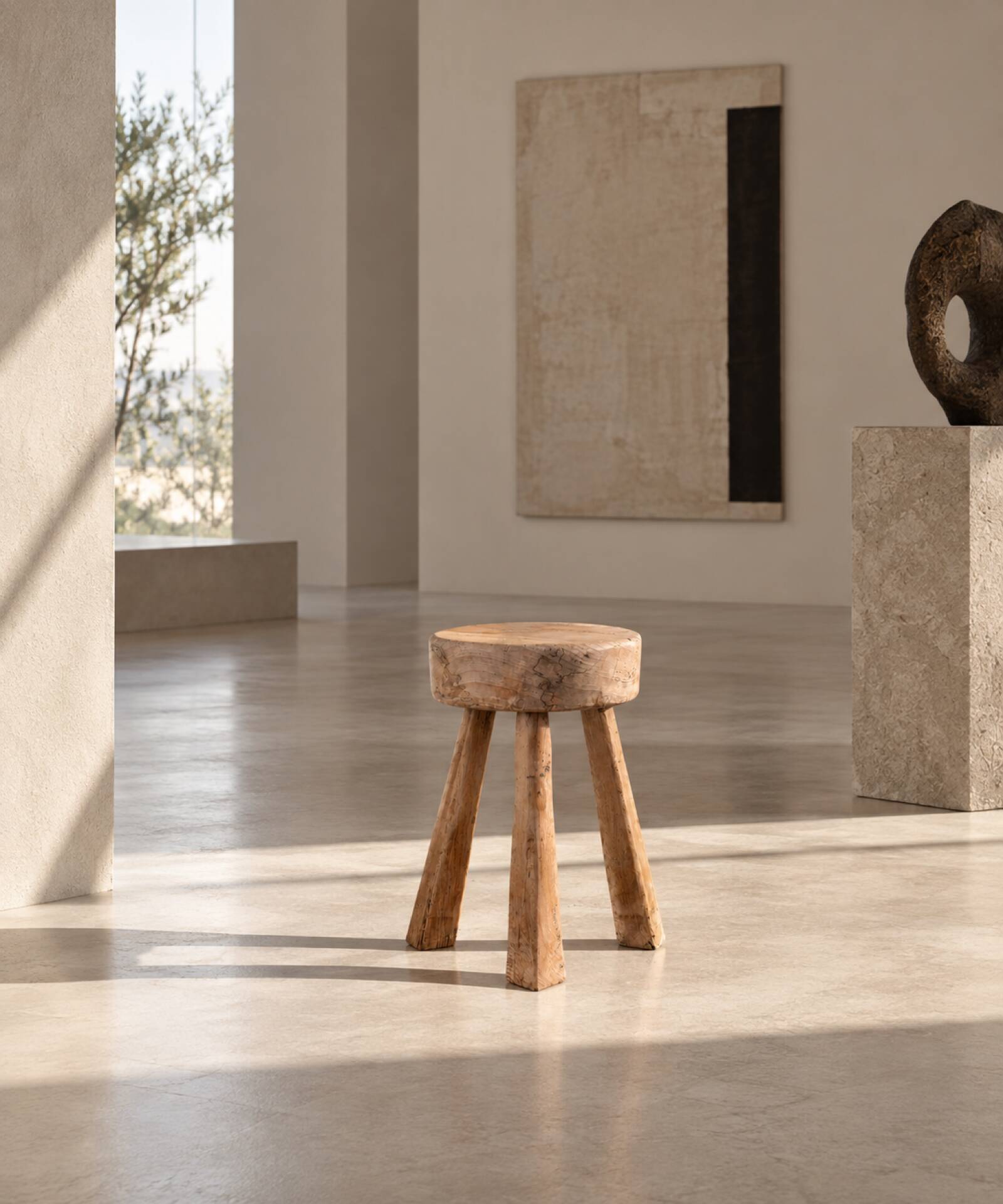 Tabouret tripode en orme massif 1960