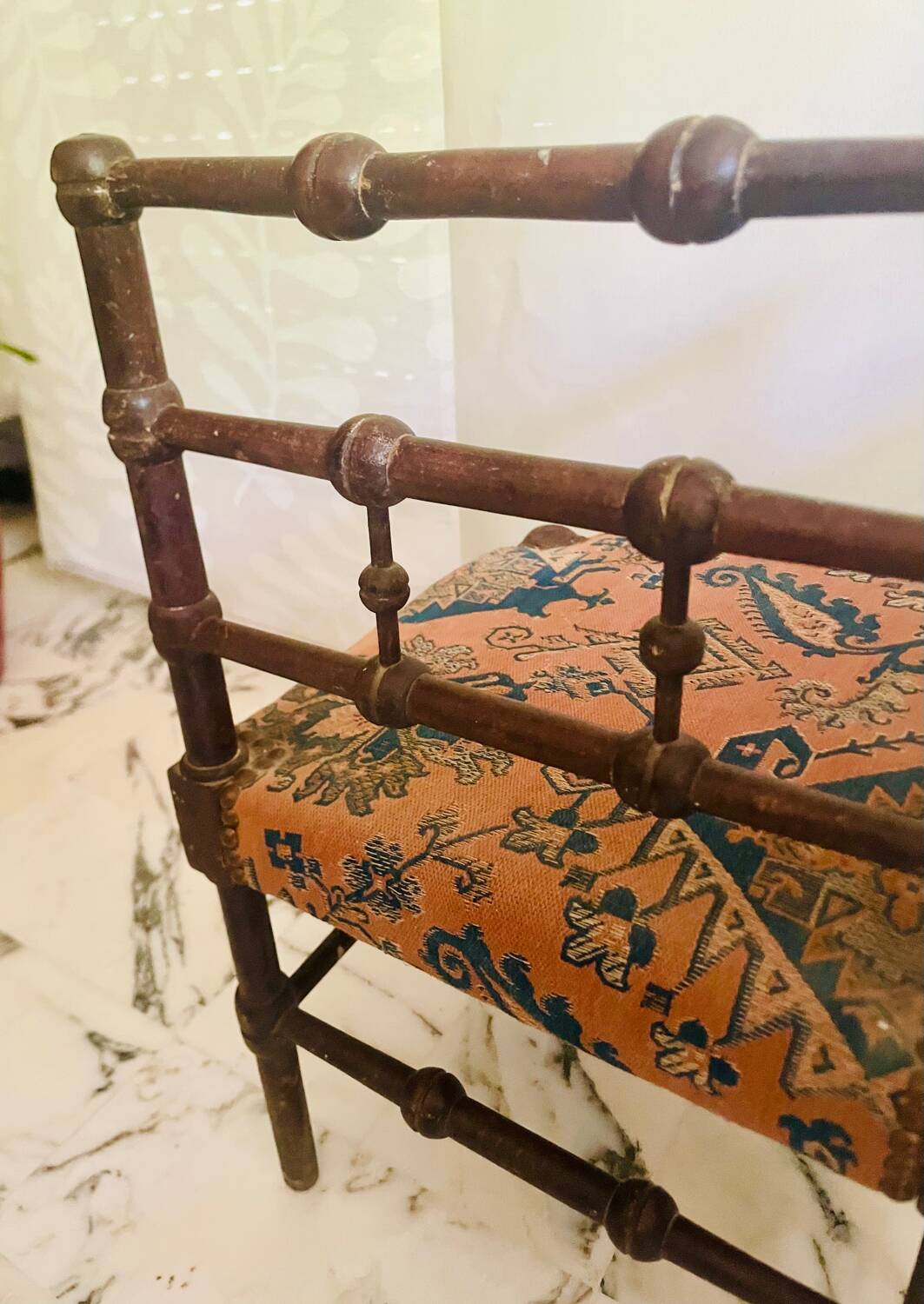 Vintage Art Deco corner chair in bobbin wood and fabric, circa 1930