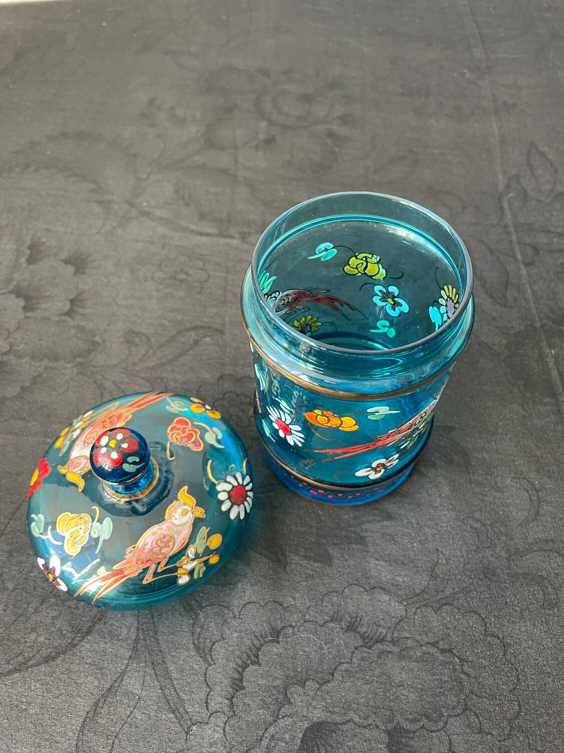 Hand-painted blue glass pot flowers and birds