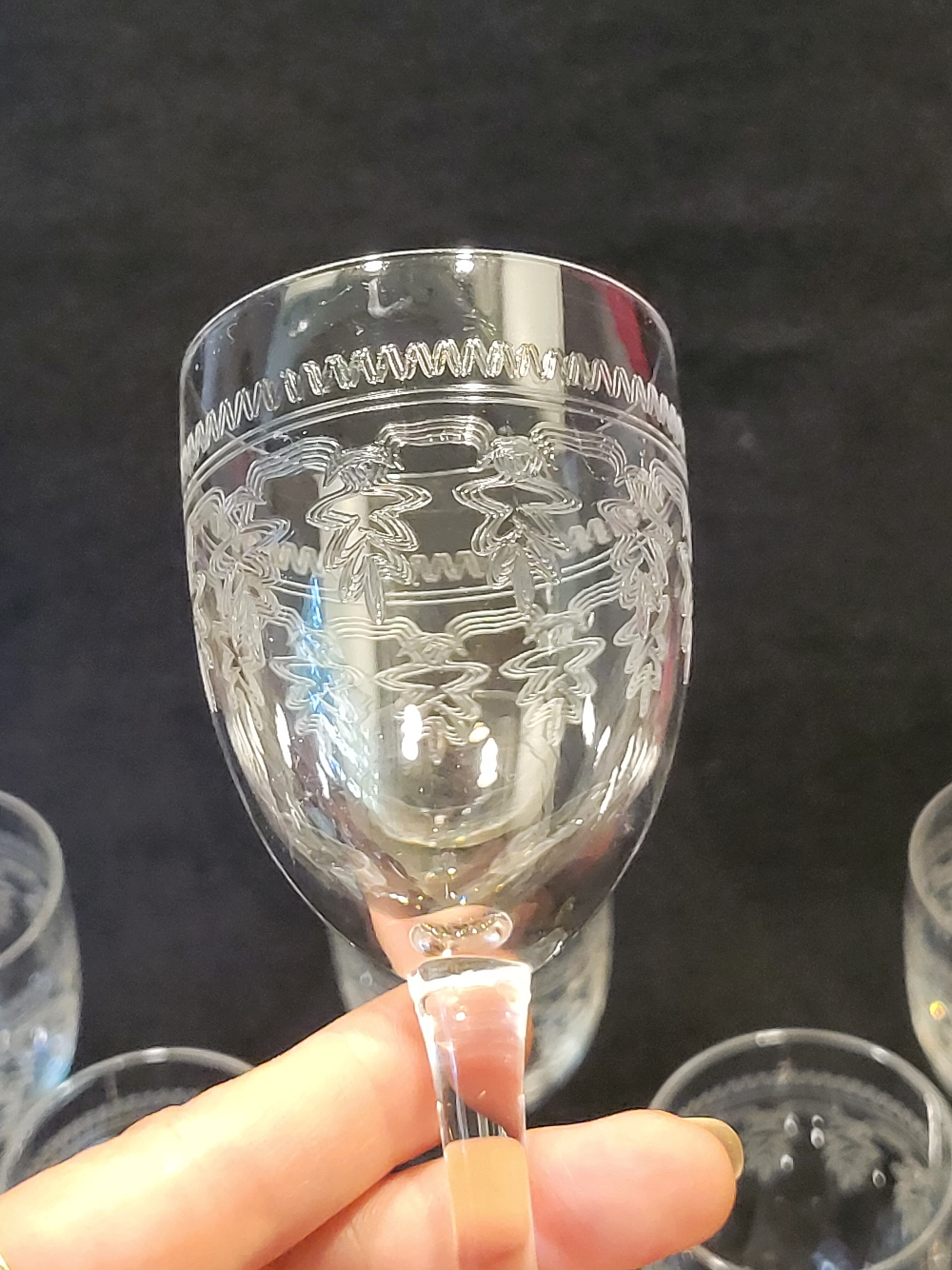 6 old glasses with engraved baccarat crystal wine stems