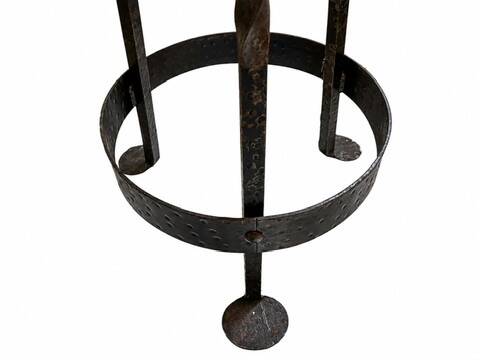 Vintage brutalist stool made of solid wood and twisted wrought iron – loft style