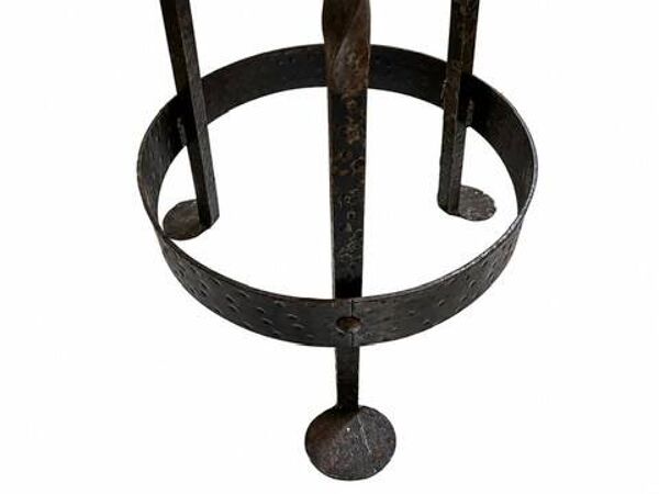 Tabouret brutaliste vintage bois massif et fer forgé torsadé – esprit loft