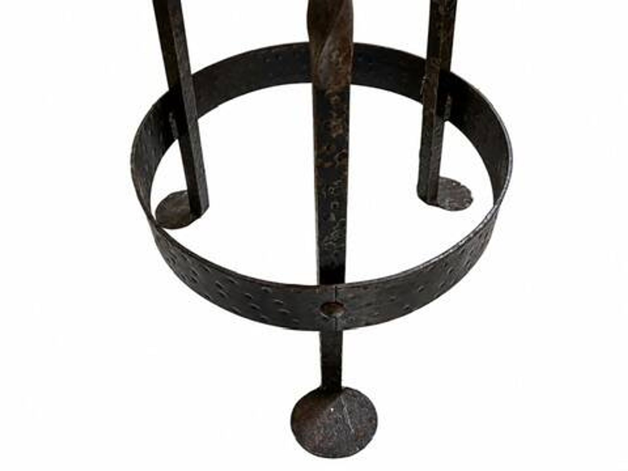 Vintage brutalist stool made of solid wood and twisted wrought iron – loft style