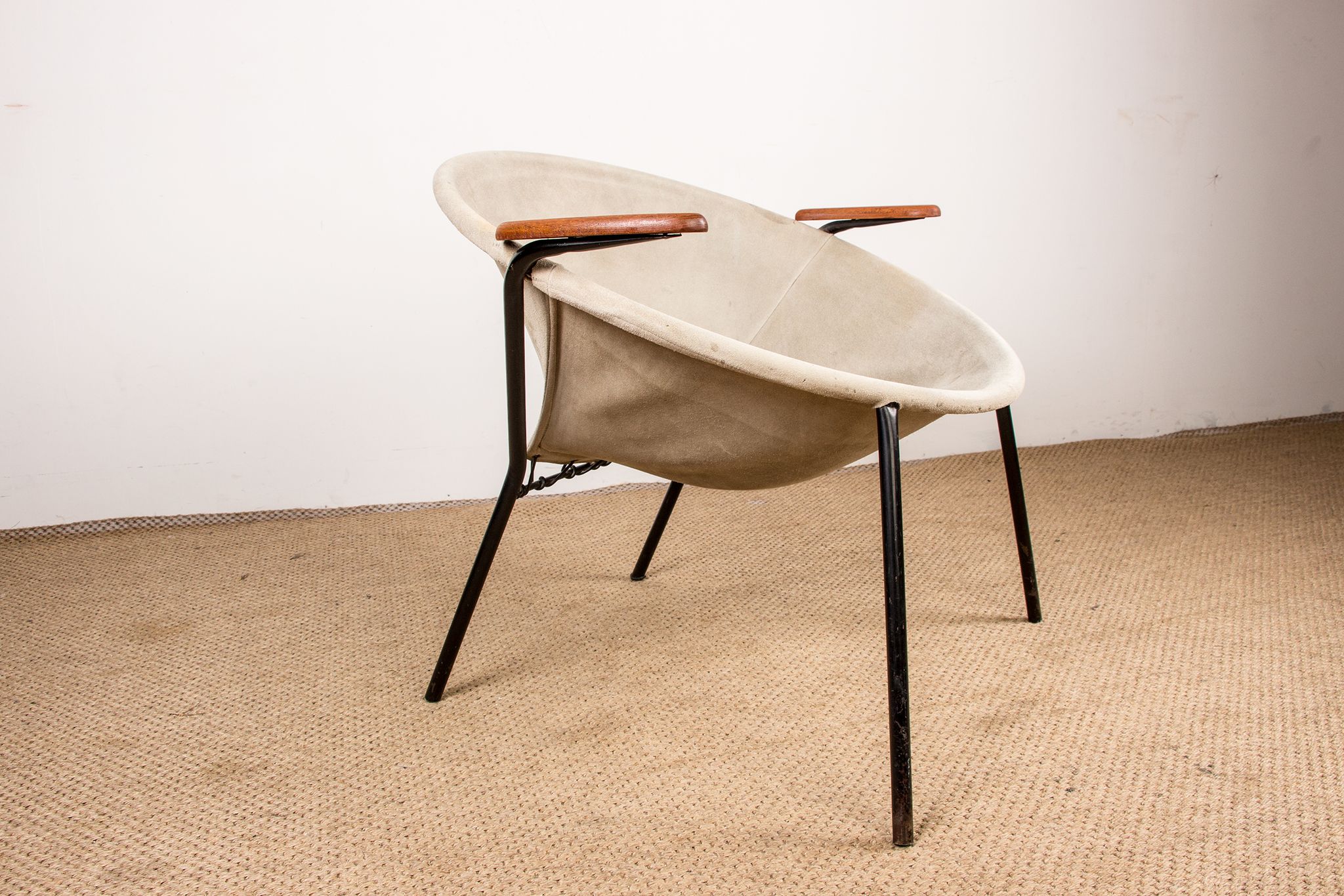 Danish armchair in Leather, Steel and Teak, Balloon model by Hans Olsen 1960.