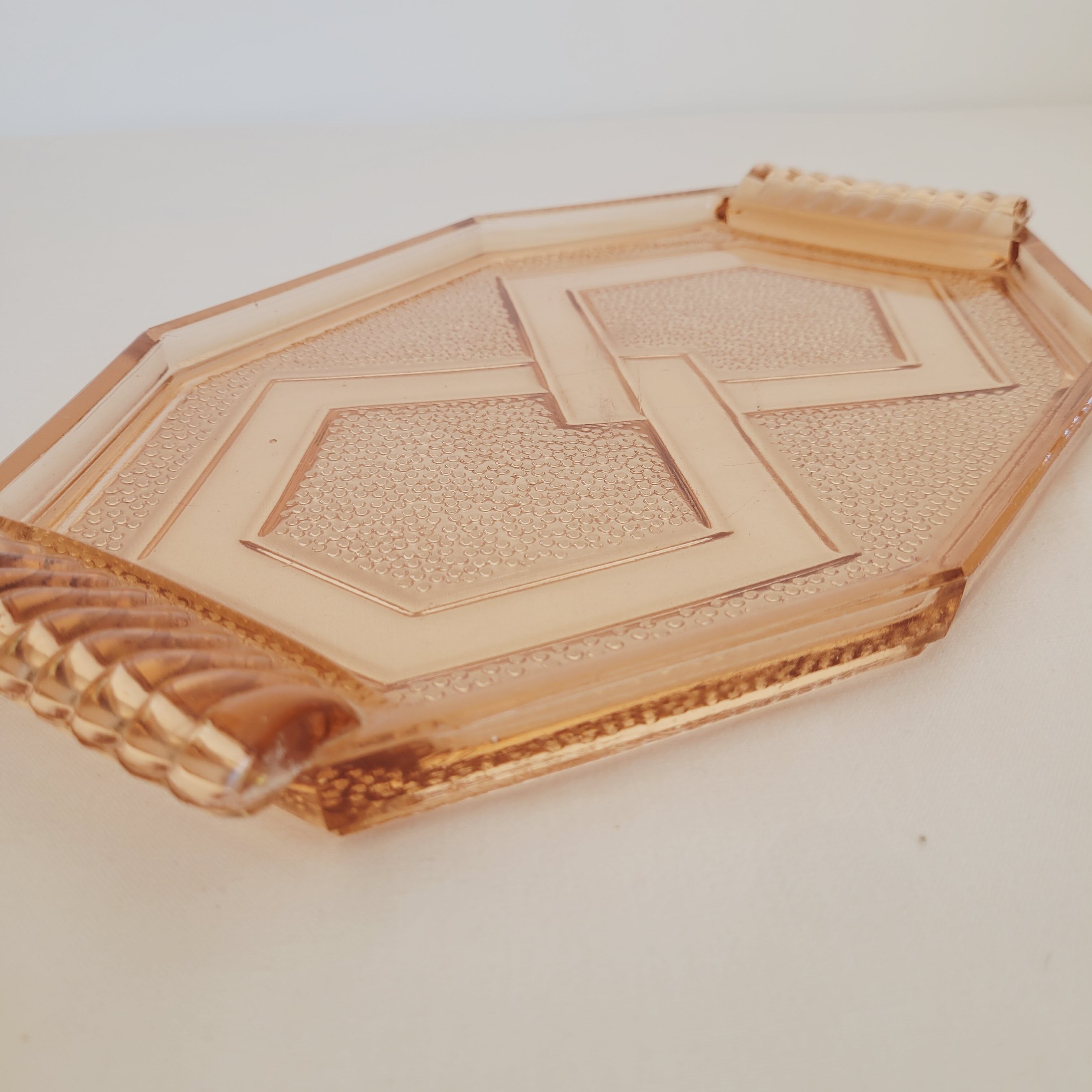 Pink glass liquor set carafe, glass and tray