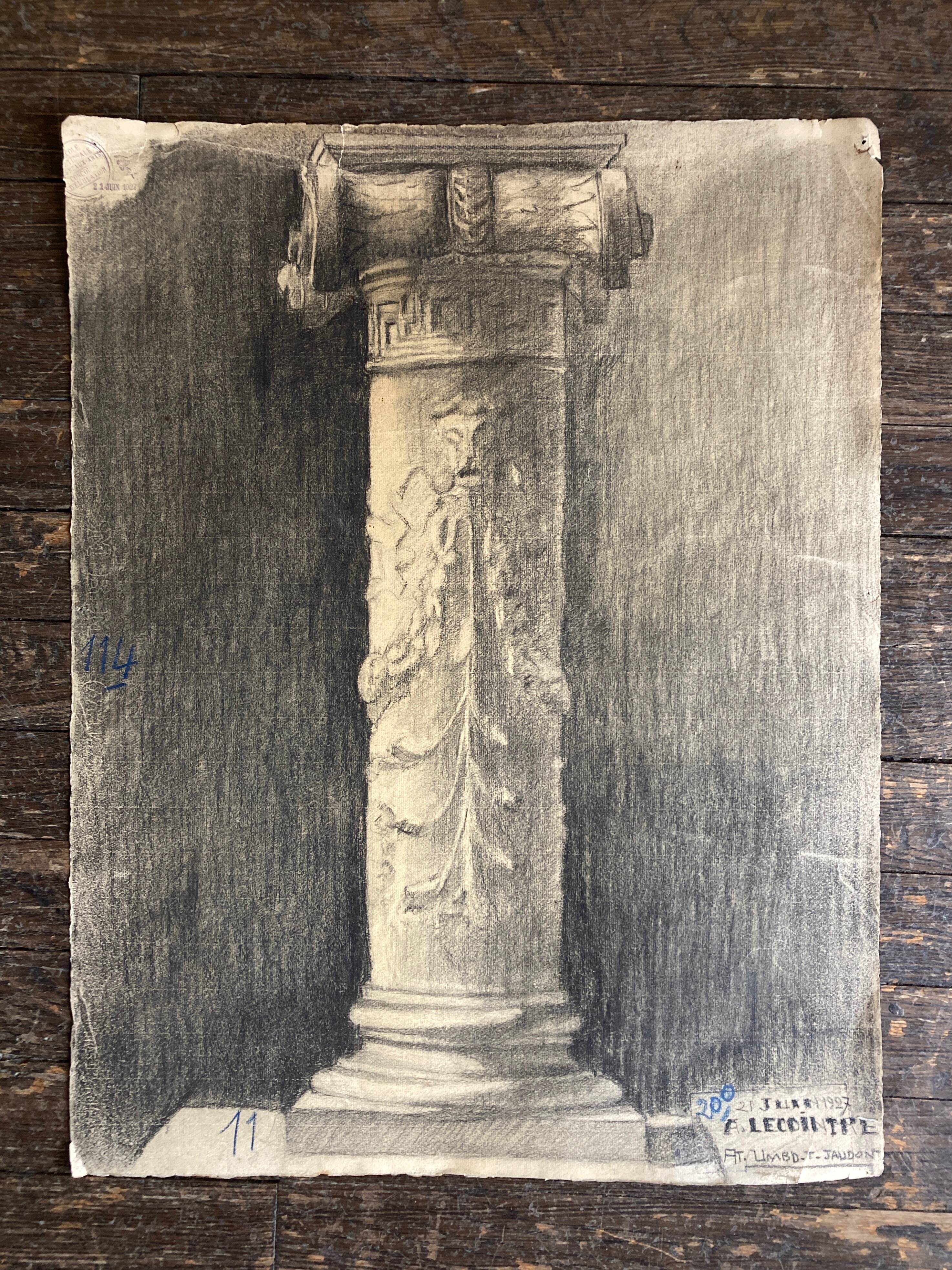 Neoclassical study charcoal plaster column atelier des beaux arts 1927