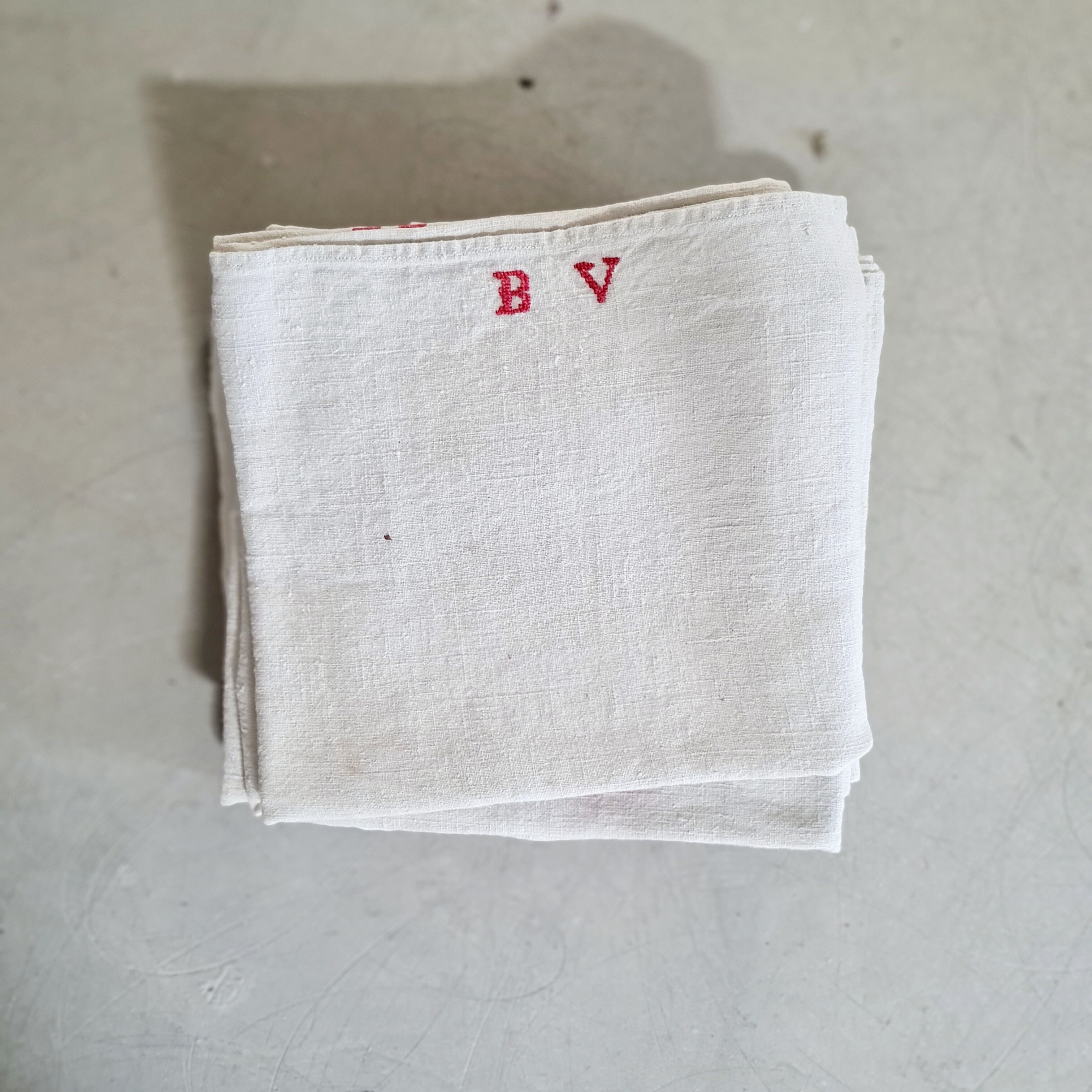 Old linen tea towels - monogrammed - red stripes - Set of 7