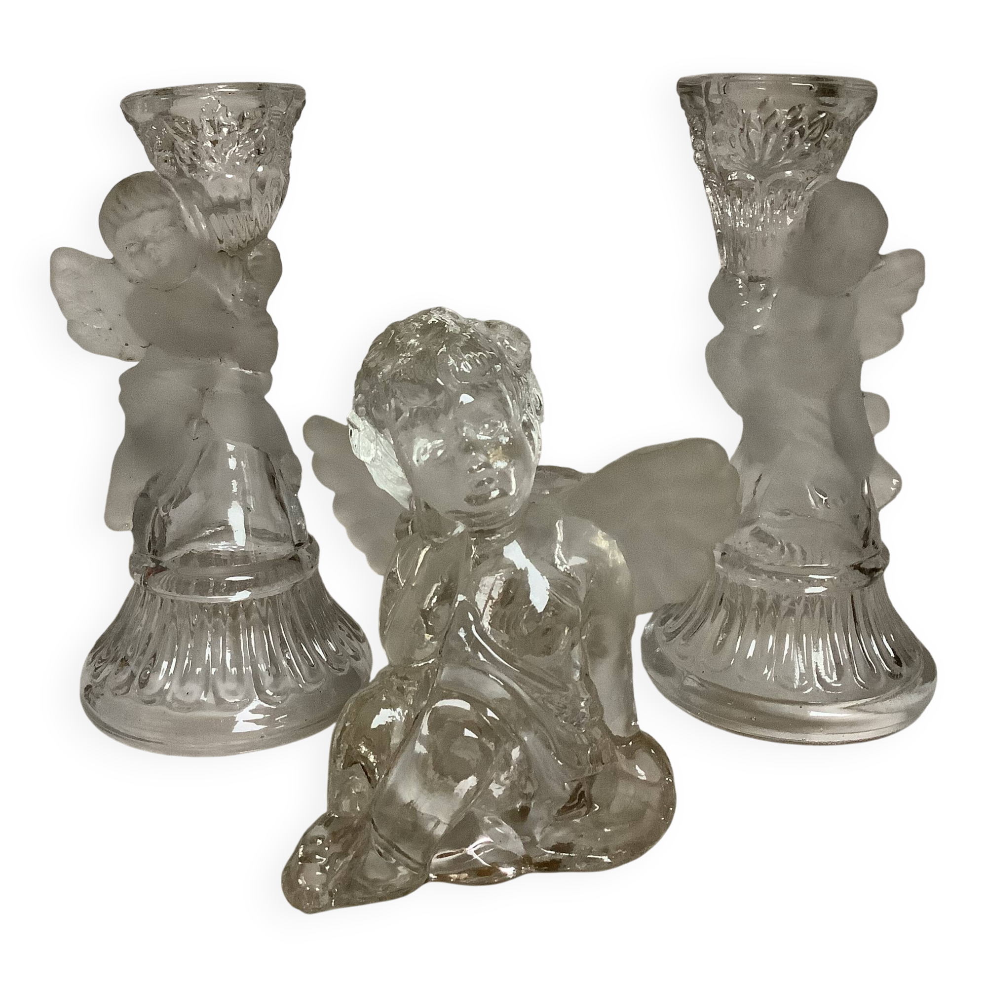 Trio of frosted molded glass angel candle holders