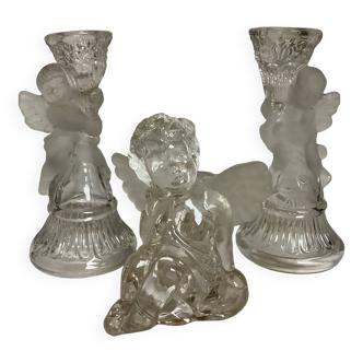 Trio of frosted molded glass angel candle holders
