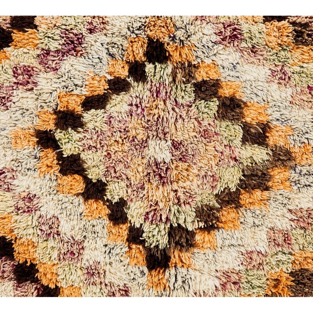 Vintage Hand-Knotted Tulu Runner Rug with Geometric Diamond Design in Cream, Brown and Orange, 100% Wool