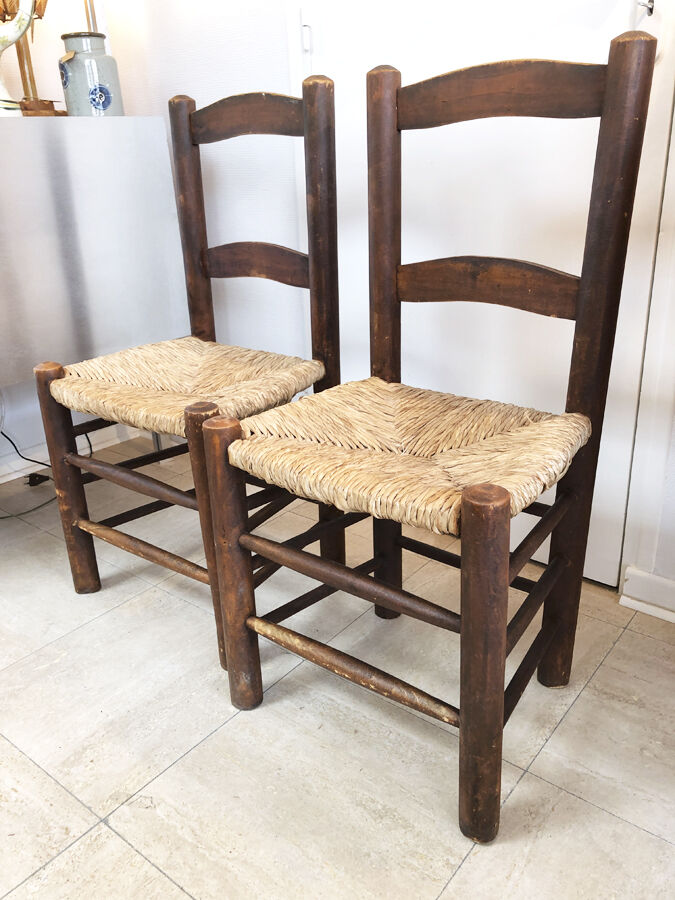 Pair of straw brutalist chairs, 1970