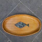 Large tray inlaid with a ceramic fish, 50s