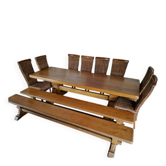 Monastery set in solid oak – table 2.60 m, benches and chairs