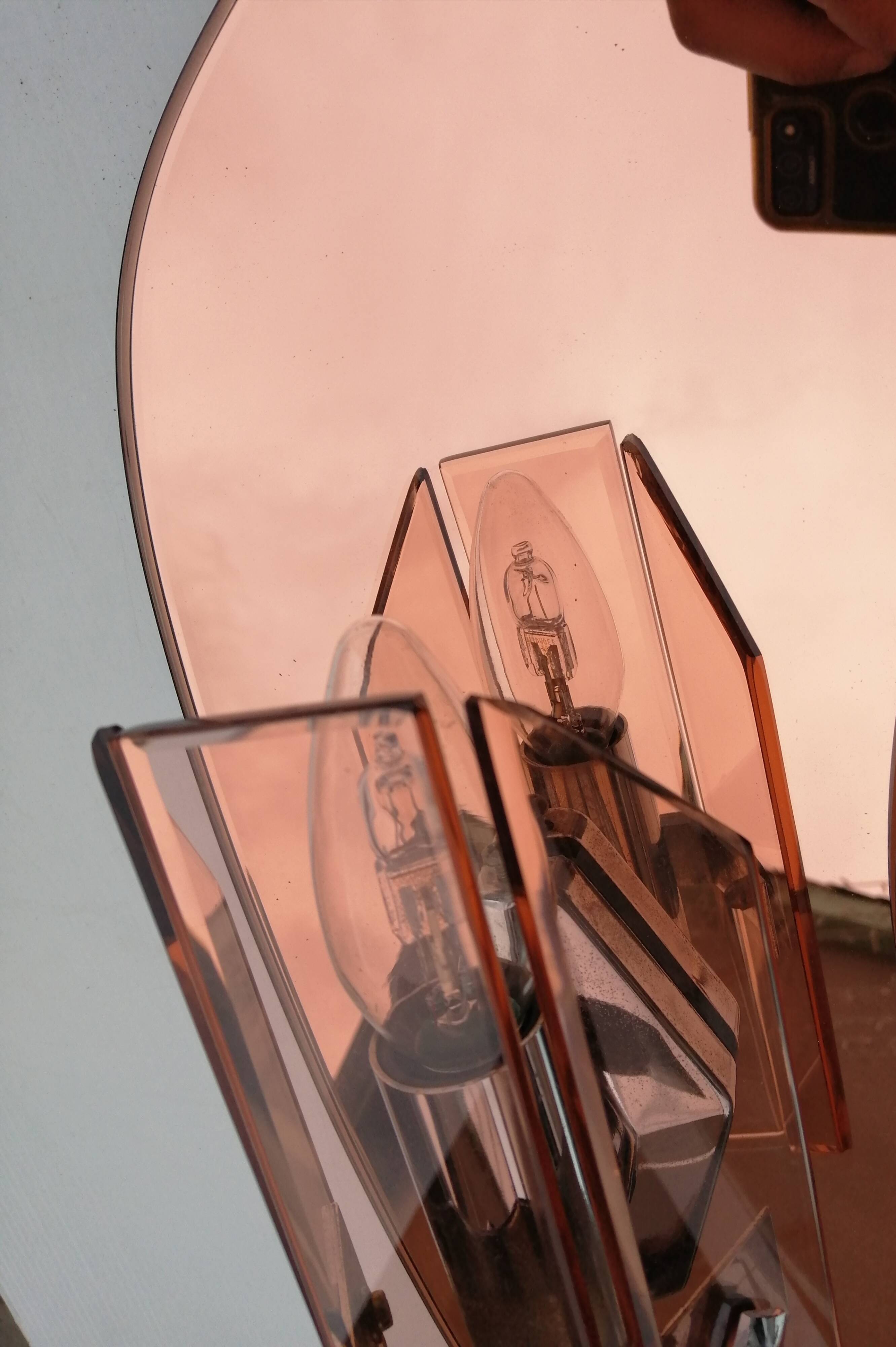 Designer mirror with its Italian pink glass sconces Veca vintage 1970.