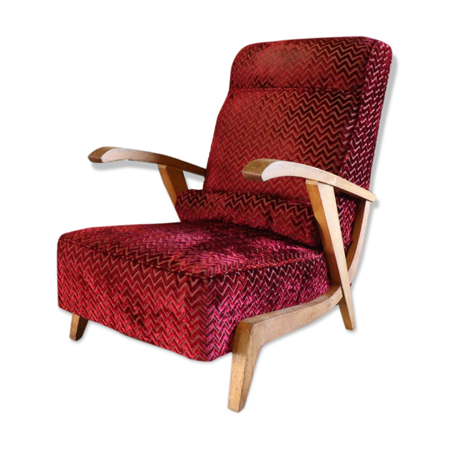 Fauteuil vintage en velours et bois 1950