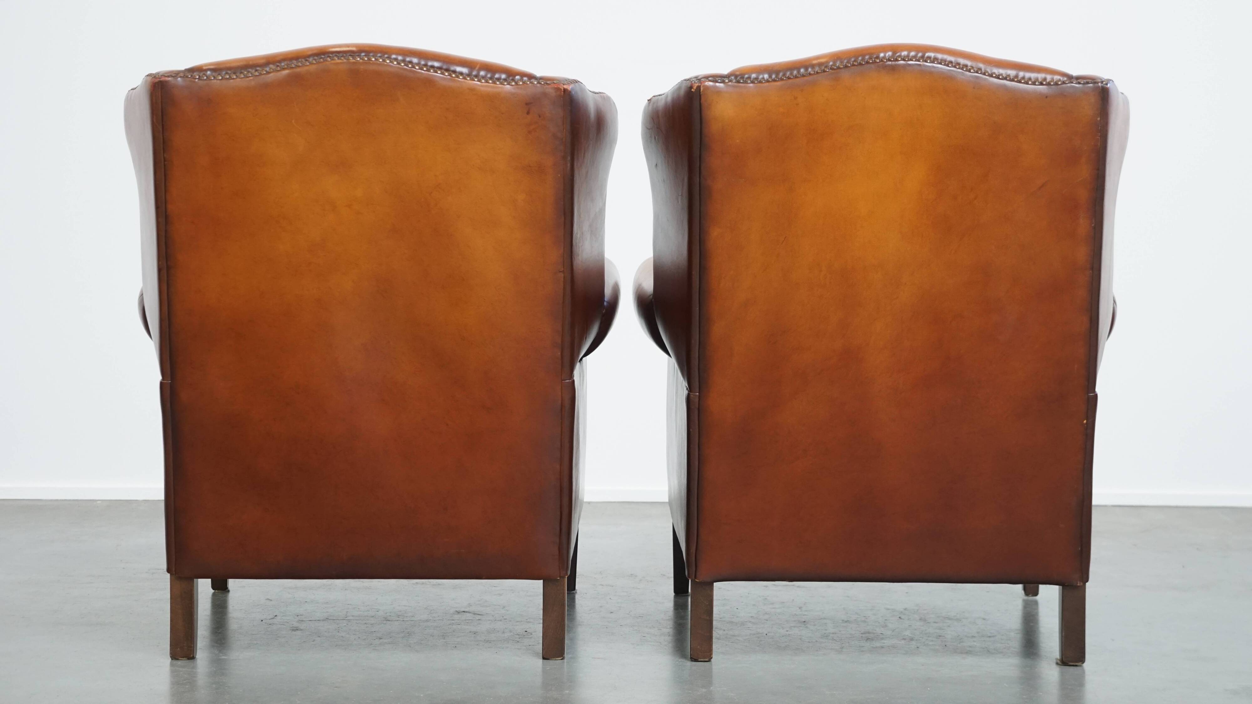 Set of 2 English style sheepskin leather wingback armchairs