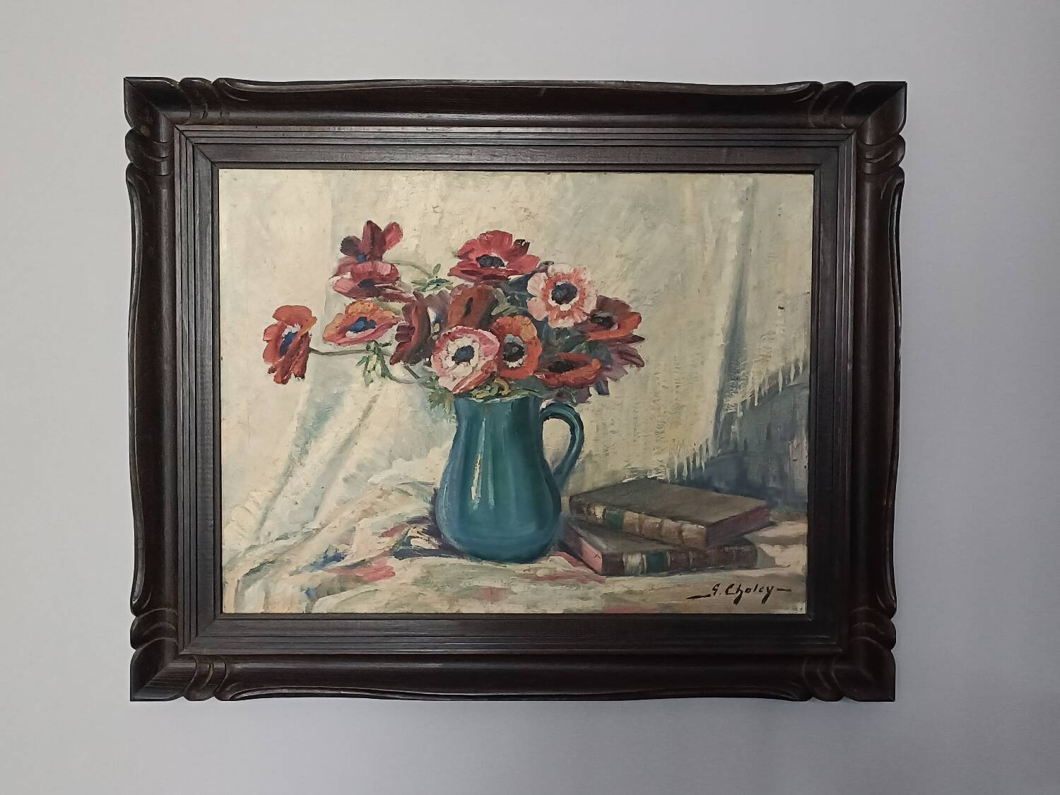 Grande huile sur toile, vase fleuri, Gustav Choley