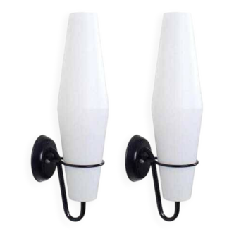 Modernist glass wall sconces C 1556 by Raak, 1950s | Mid-century modern minimalist lamps lights black white set pair vintage retro