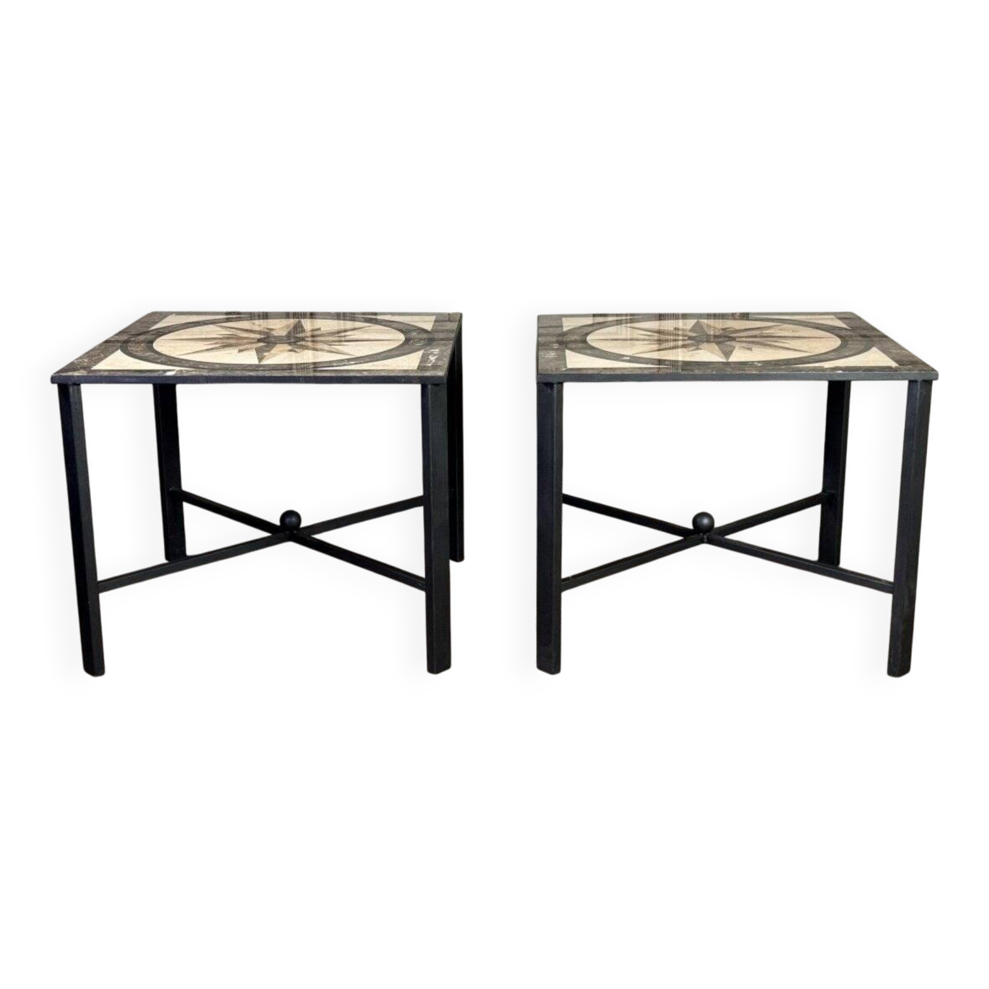 Pair of marble and metal tables, marble marquetry compass rose, circa 1990