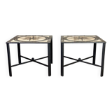Pair of marble and metal tables, marble marquetry compass rose, circa 1990