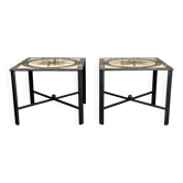 Pair of marble and metal tables, marble marquetry compass rose, circa 1990