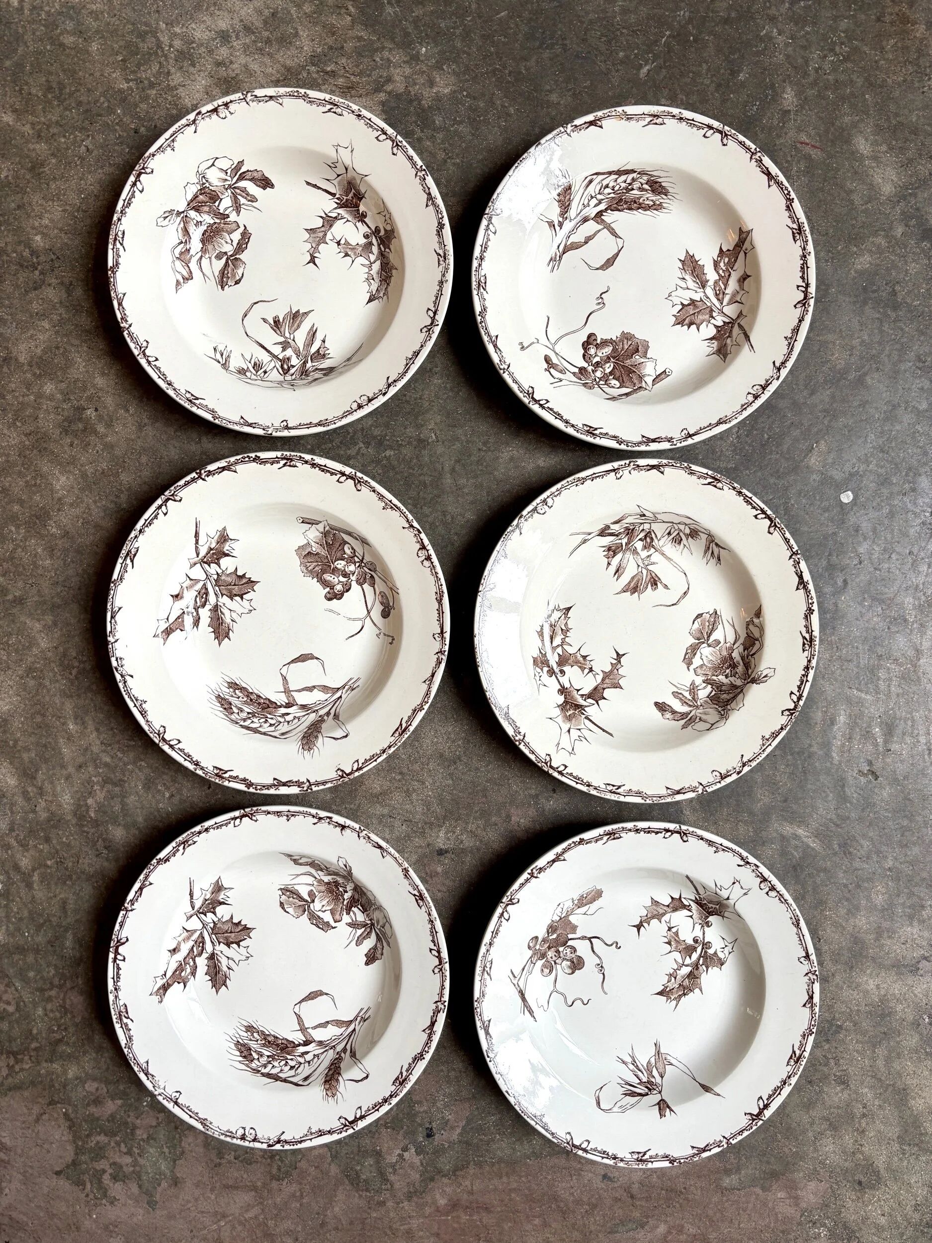 6 HB & Cie brown ironstone soup plates