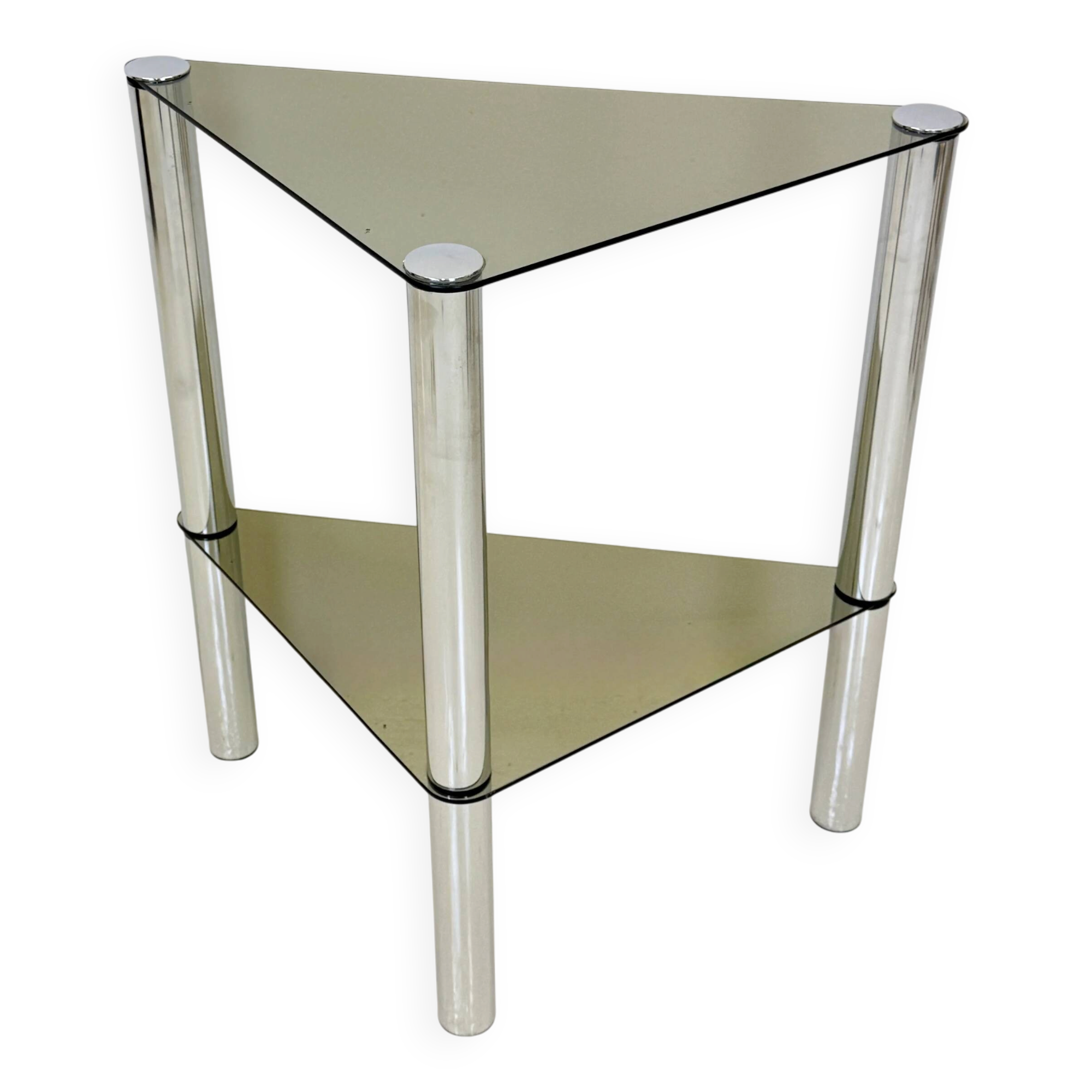 Smoked glass and chrome side table — France, 1970s
