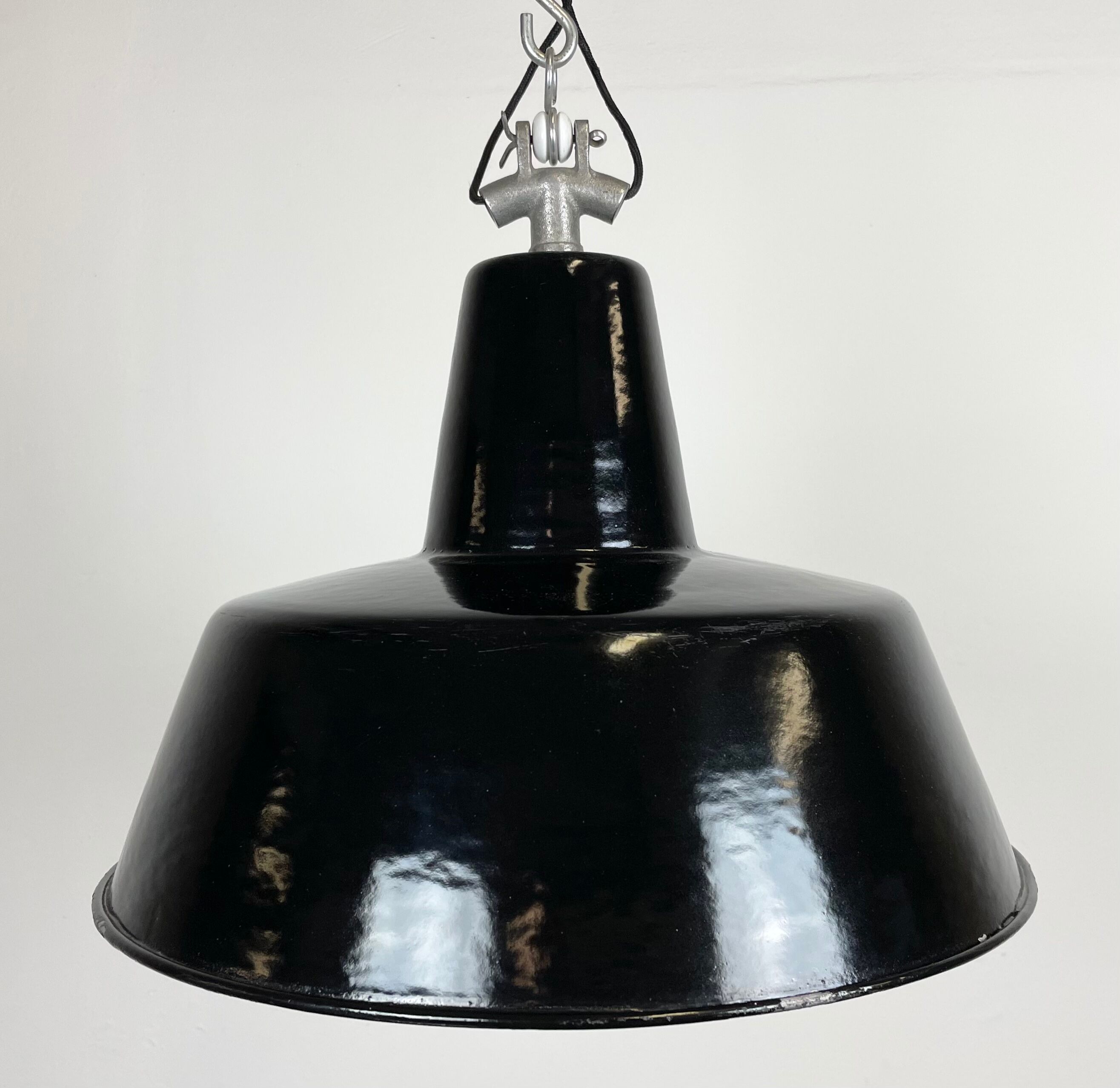 Black Enamel Industrial Factory Pendant Lamp, 1950s