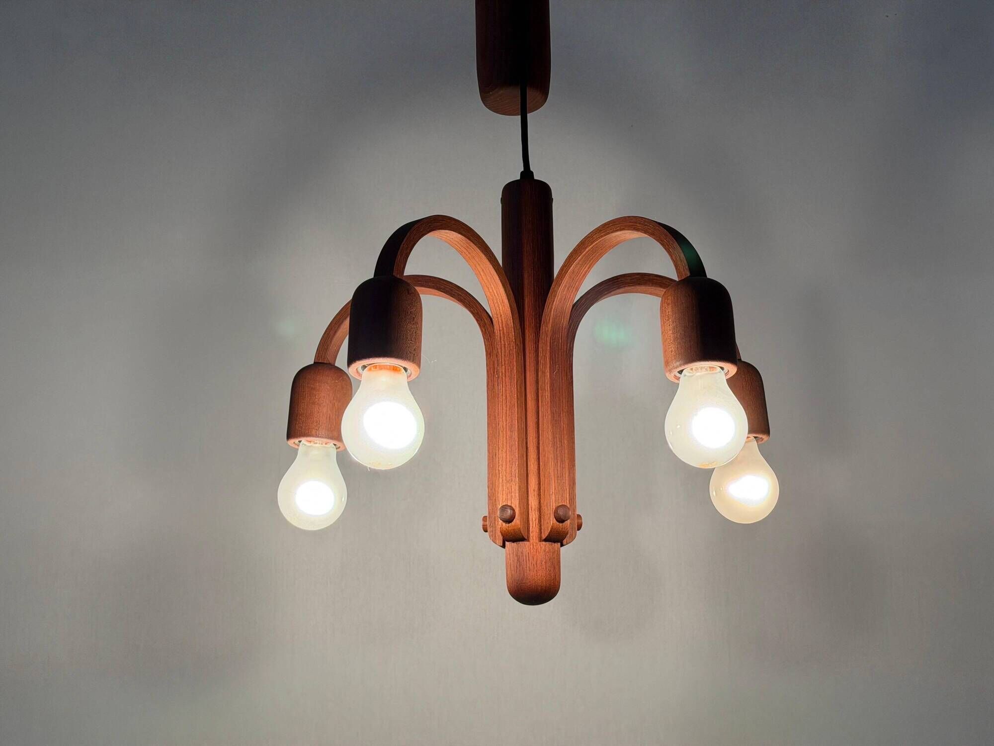Suspended Sputnik counterweight lamp with 5 arms in teak by Domus, 1970s, Italy.