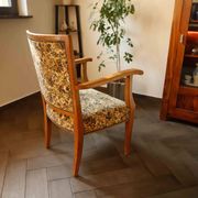 Vintage Salon Armchair with Floral Tapestry Upholstery and Scroll Armrests