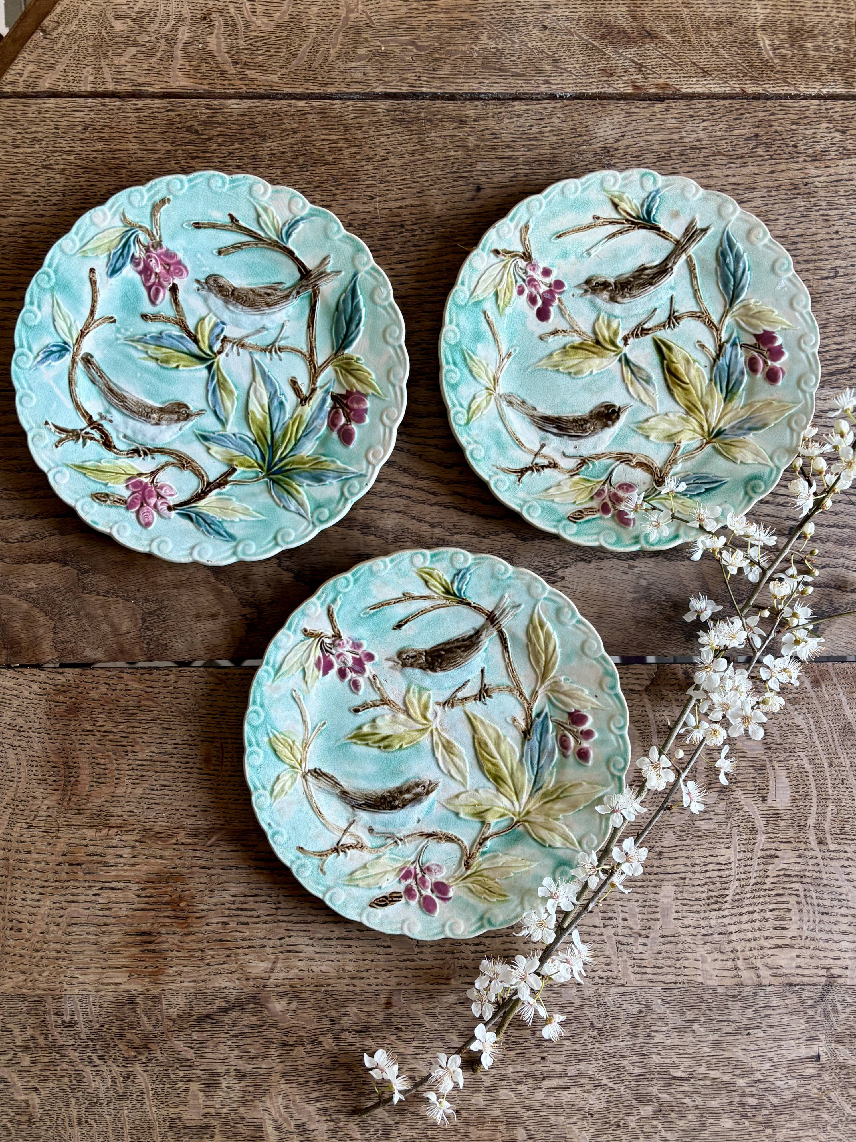 Set of 3 antique plates in majolica with bird designs.