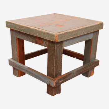 Old small workshop bedside table in Burmese teak original blue patina / ideal in fifth wheel p