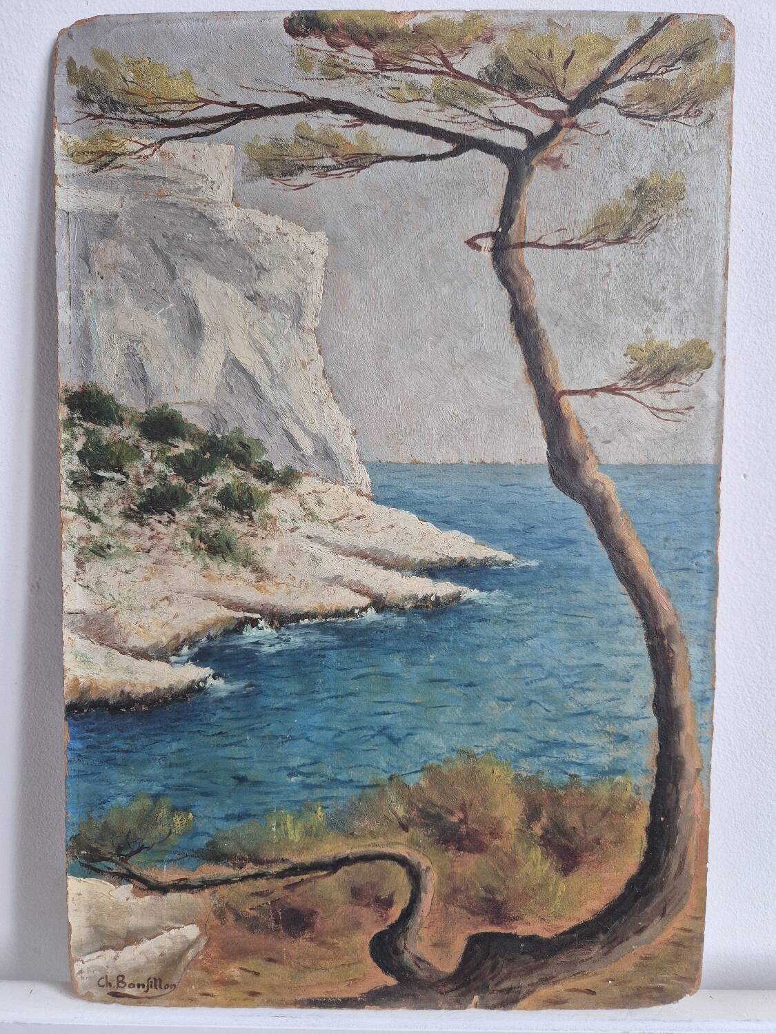 Coastal edge with leaning pine - Oil on cardboard