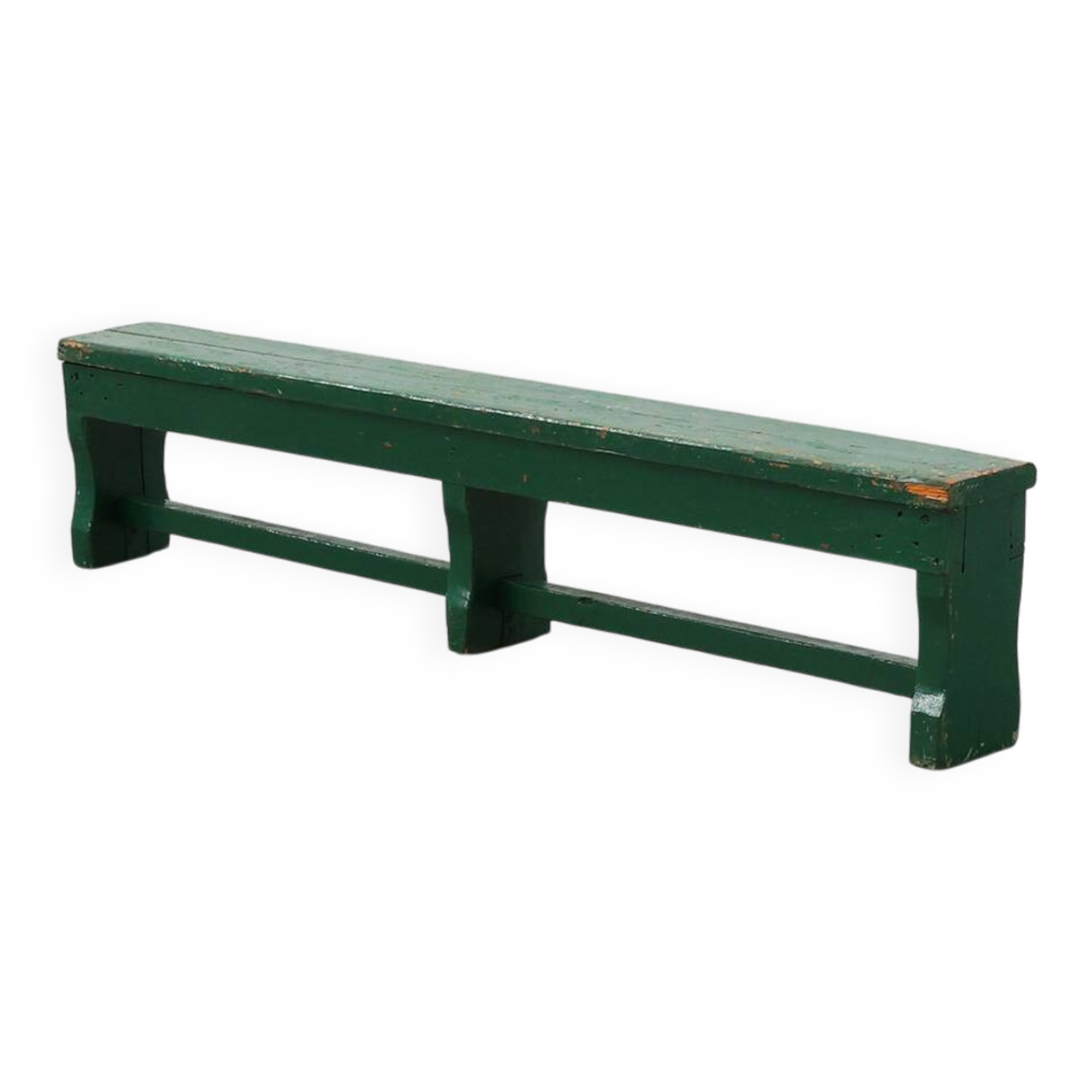 Rustic primitive green farmhouse bench in solid oak, France ca. 1900