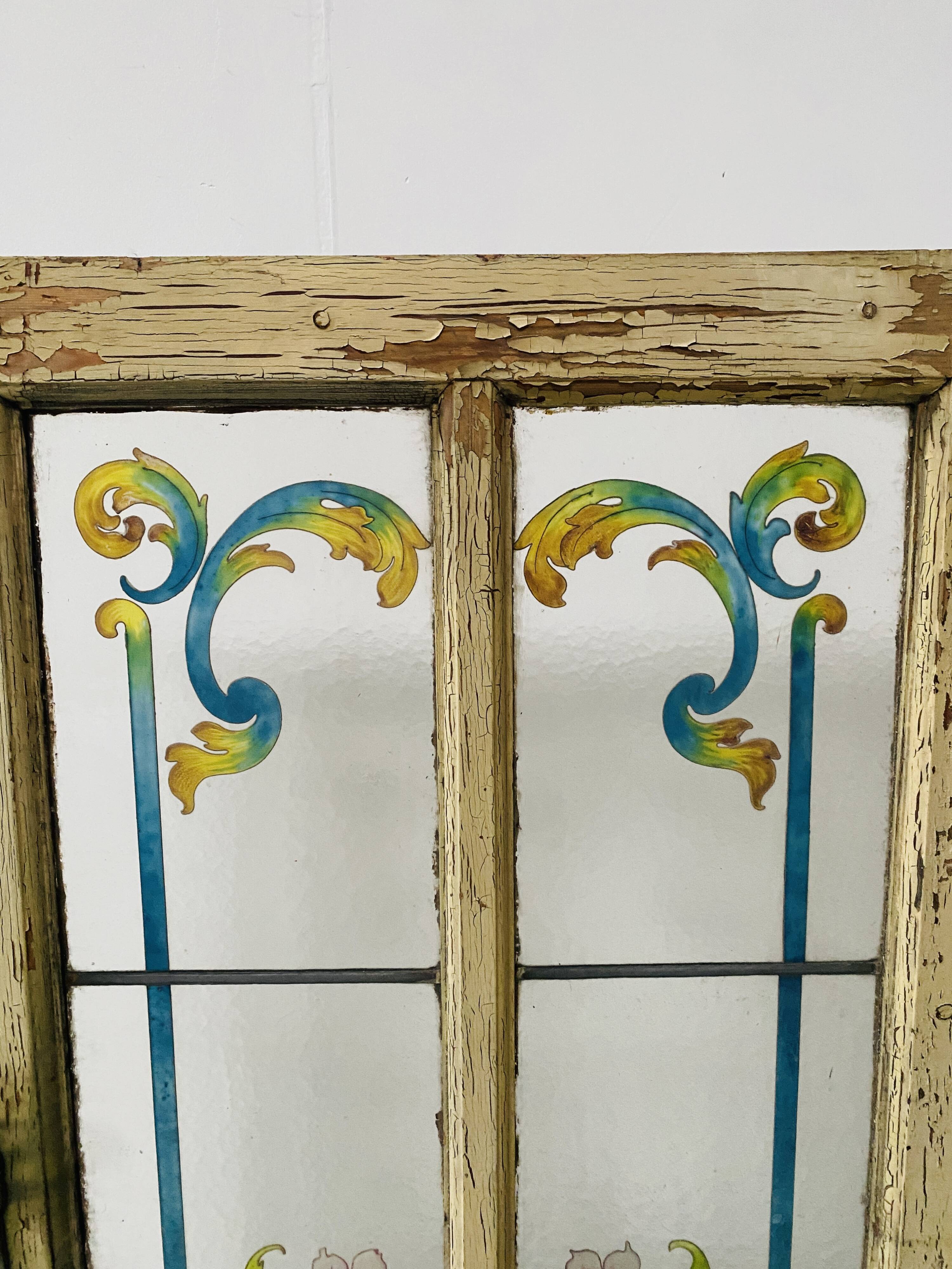 Passage door in patinated fir and Art Deco painted glass