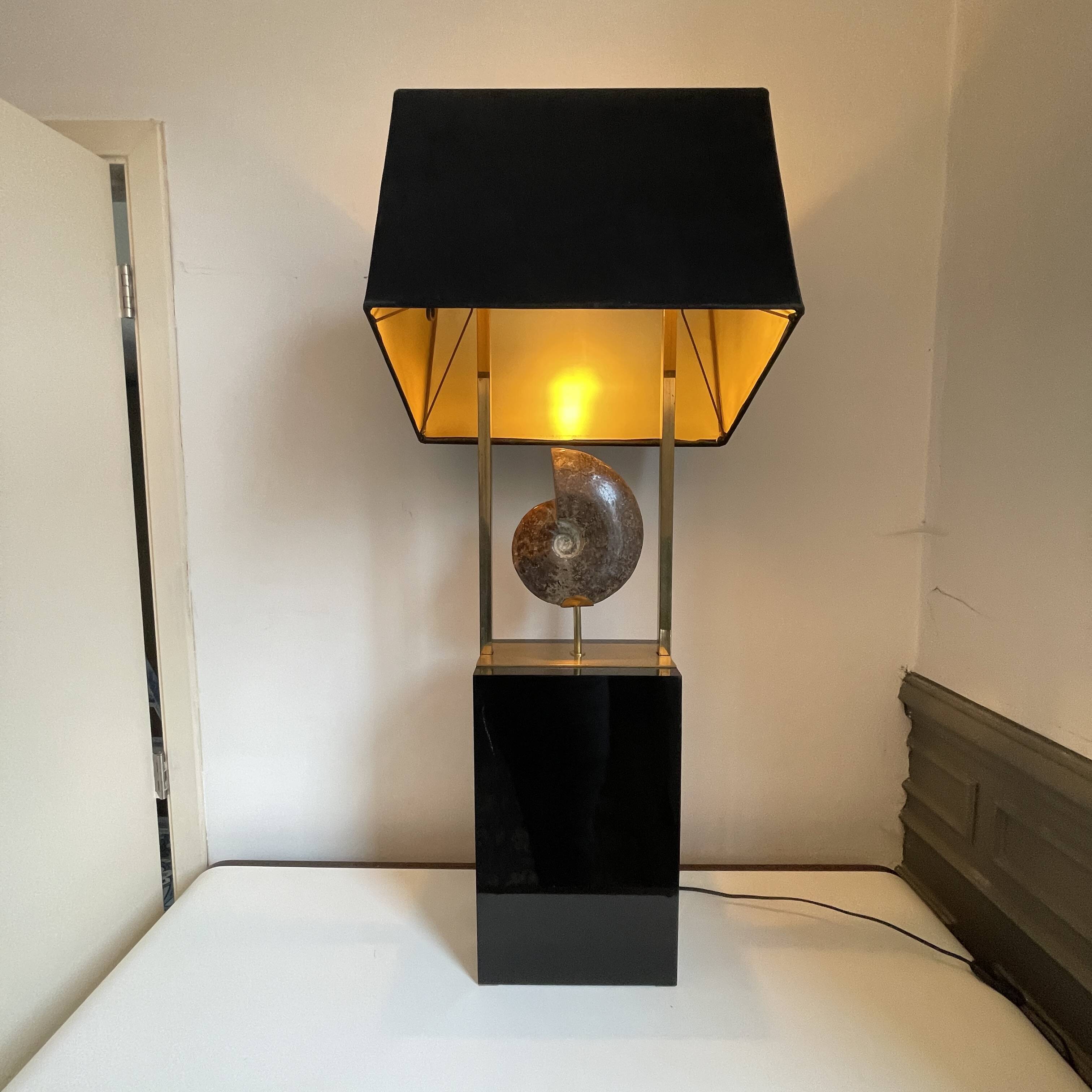 MAISON JANSEN (attr) 'Ammonite' lamp 102cm, gilded brass and black lacquered wood