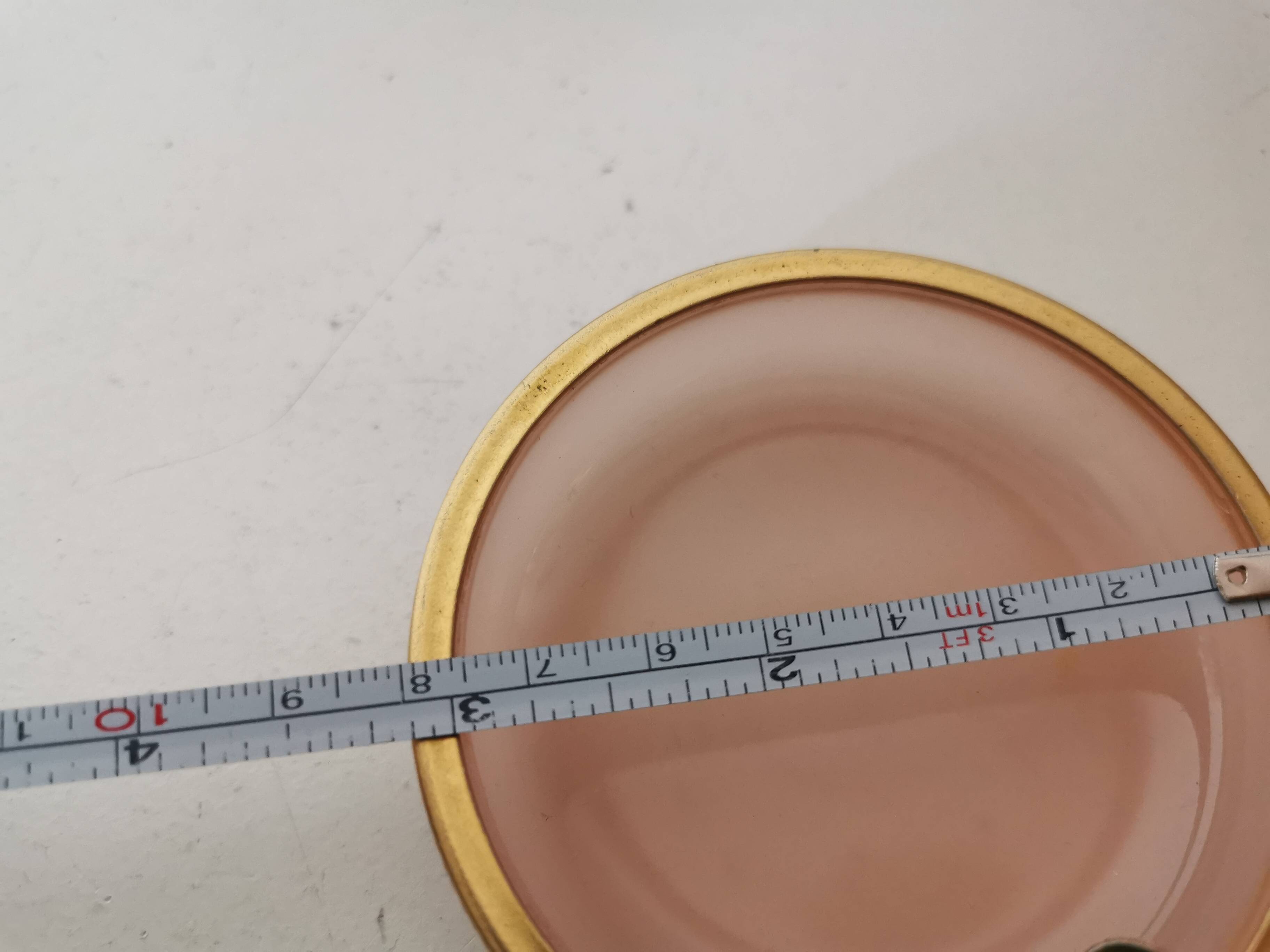 ashtray, pink opaline pocket emptier, gold metal rim, 70s, vintage Italian