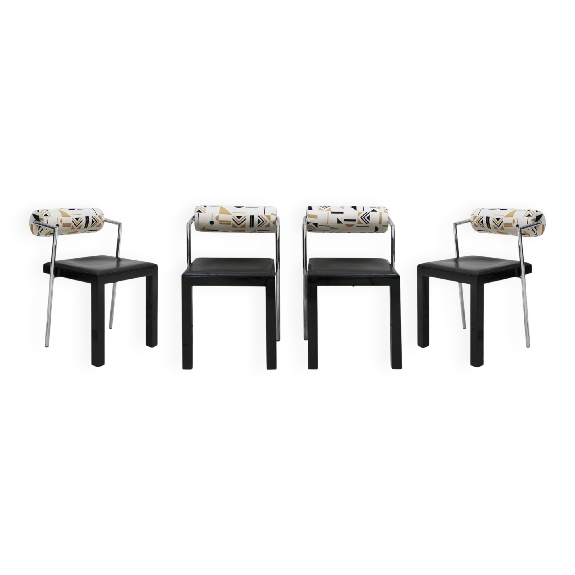 Set of Four Italian Chairs Edited by Saporiti. Jacquard Back and Leather Seat