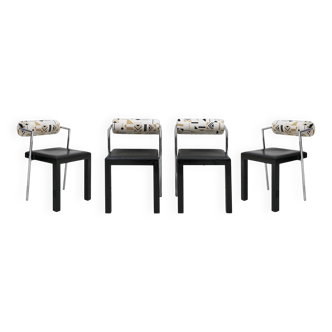 Set of Four Italian Chairs Edited by Saporiti. Jacquard Back and Leather Seat