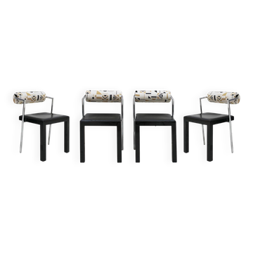 Set of Four Italian Chairs Edited by Saporiti. Jacquard Back and Leather Seat