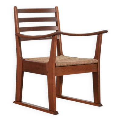 Rare fauteuil brutaliste en chêne Bas van Pelt avec assise en jonc tressé pour ma maison