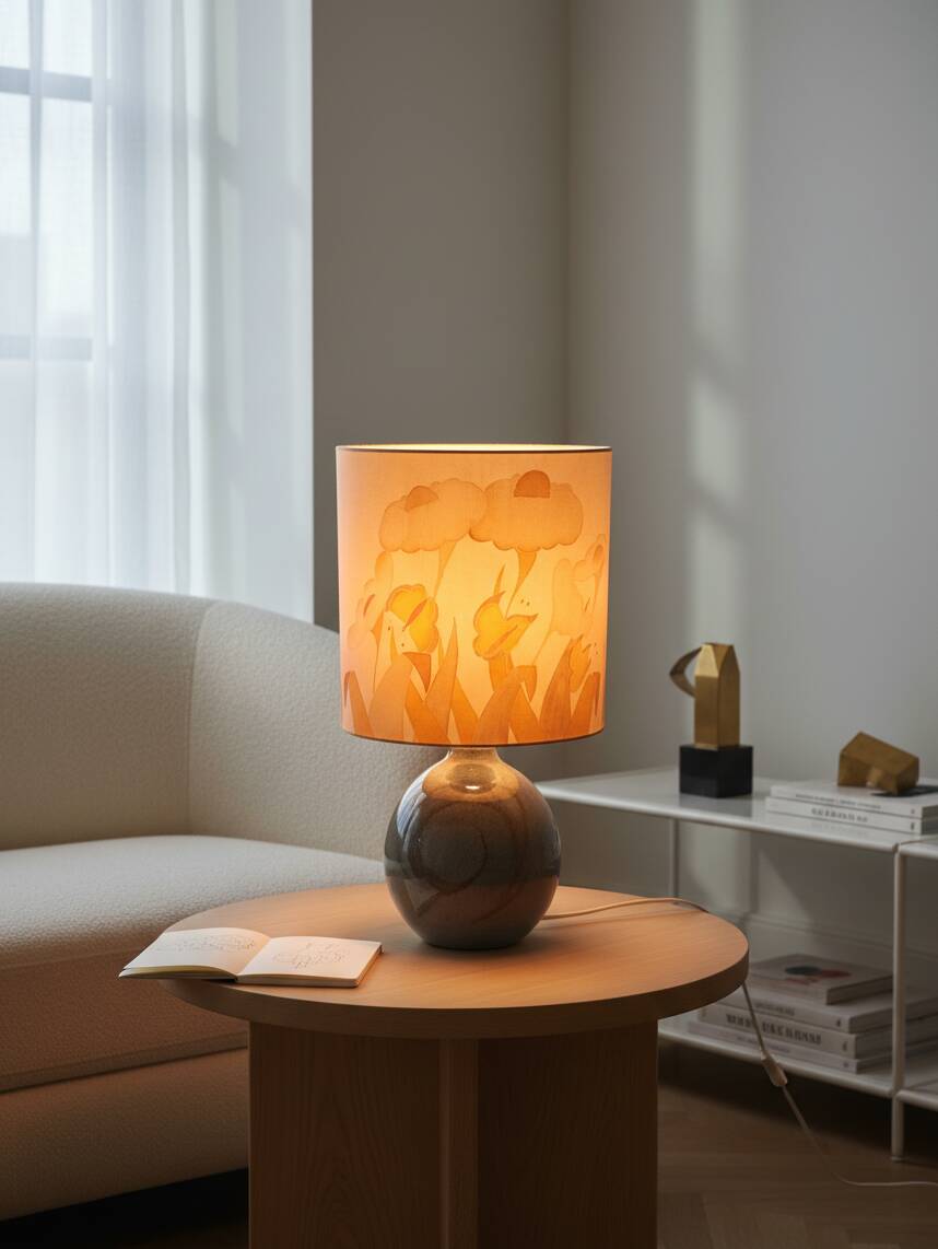 1970s table lamp in ceramic, signed, with a hand-painted silk shade.